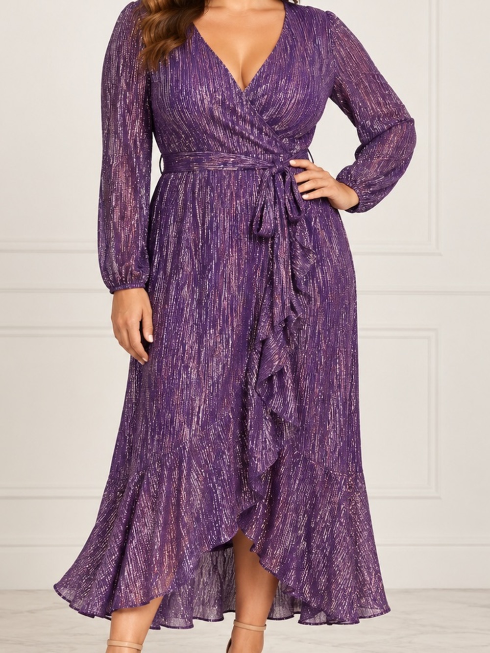 Kensie Purple Metallic Faux Wrap Midi Dress Size 14 NWT